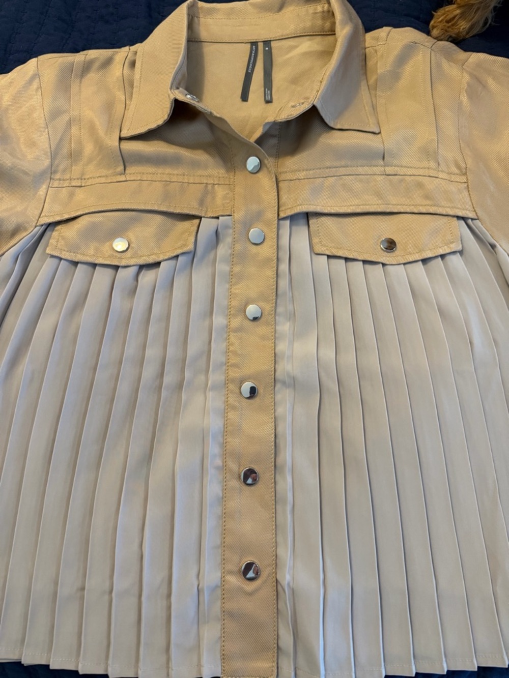 Pleated Two-Tone Button-Down Shirt in Tan & Beige - Picture 4 of 4